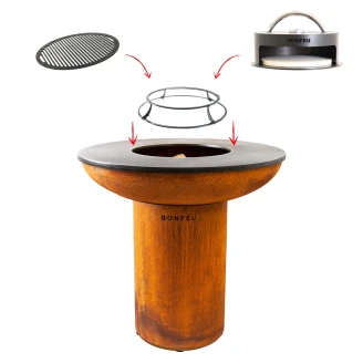BonFeu Set med BonBiza Eldstad Cortenstål XL, Subbel Stålring för Grill, Grillgaller Rund & Pizzaugn