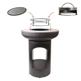 BonFeu Set med BonBiza Eldstad Öppen Svart, Subbel Stålring för Grill, Grillgaller Rund & Lock