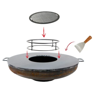 BonFeu Set med BonBowl Eldskål Cortenstål 80 cm, Plancha, Subbel Stålring, Grillgaller Rund & Stekspade