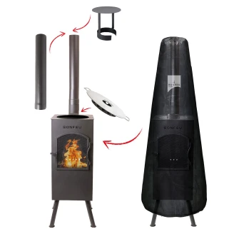 BonFeu Set med BonCarre Eldstad Svart, Plancha, Spisrör L, Regnmössa & Överdrag
