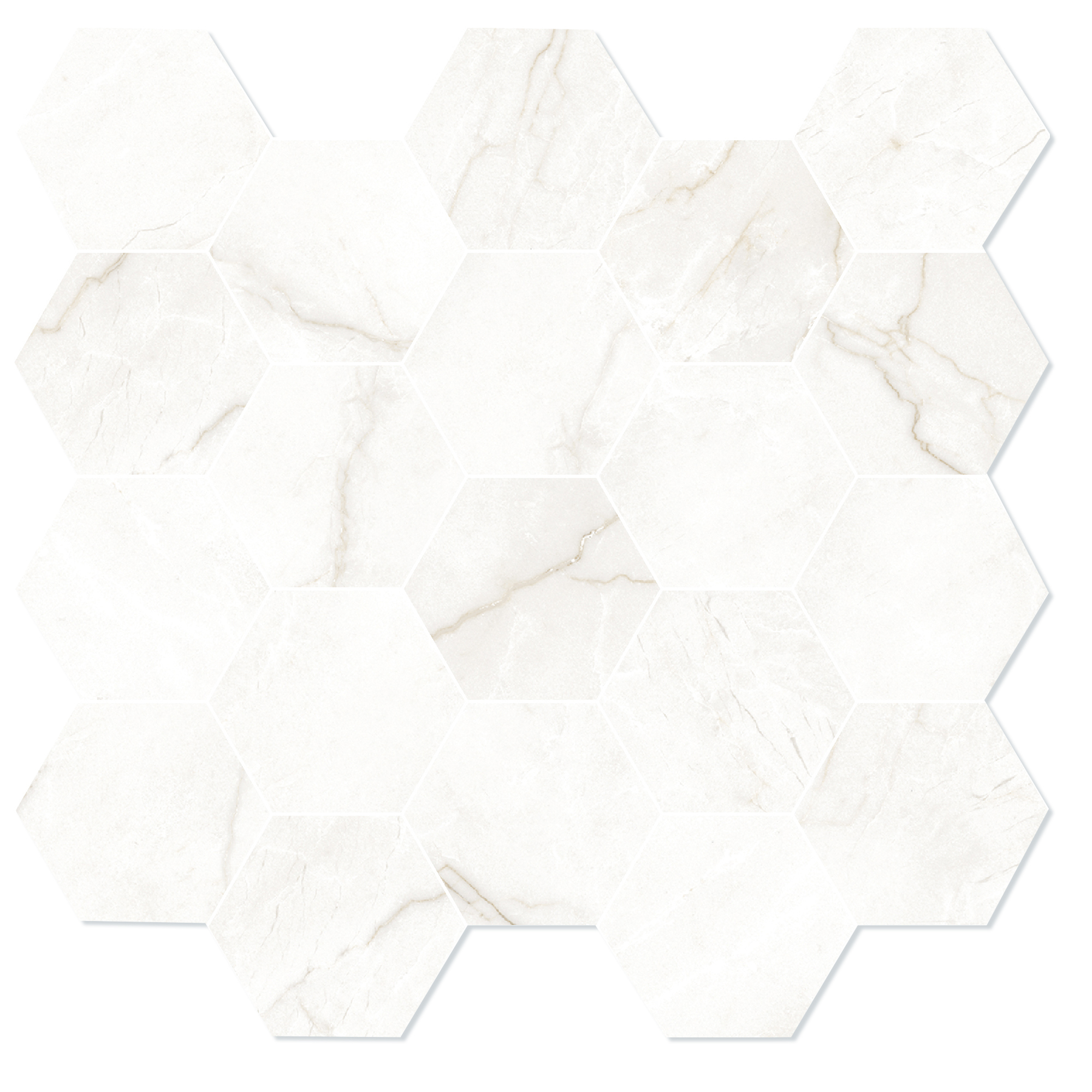 Marmor Hexagon Mosaik Klinker Venata Vit-Guld Matt-Satin 30x30 cm
