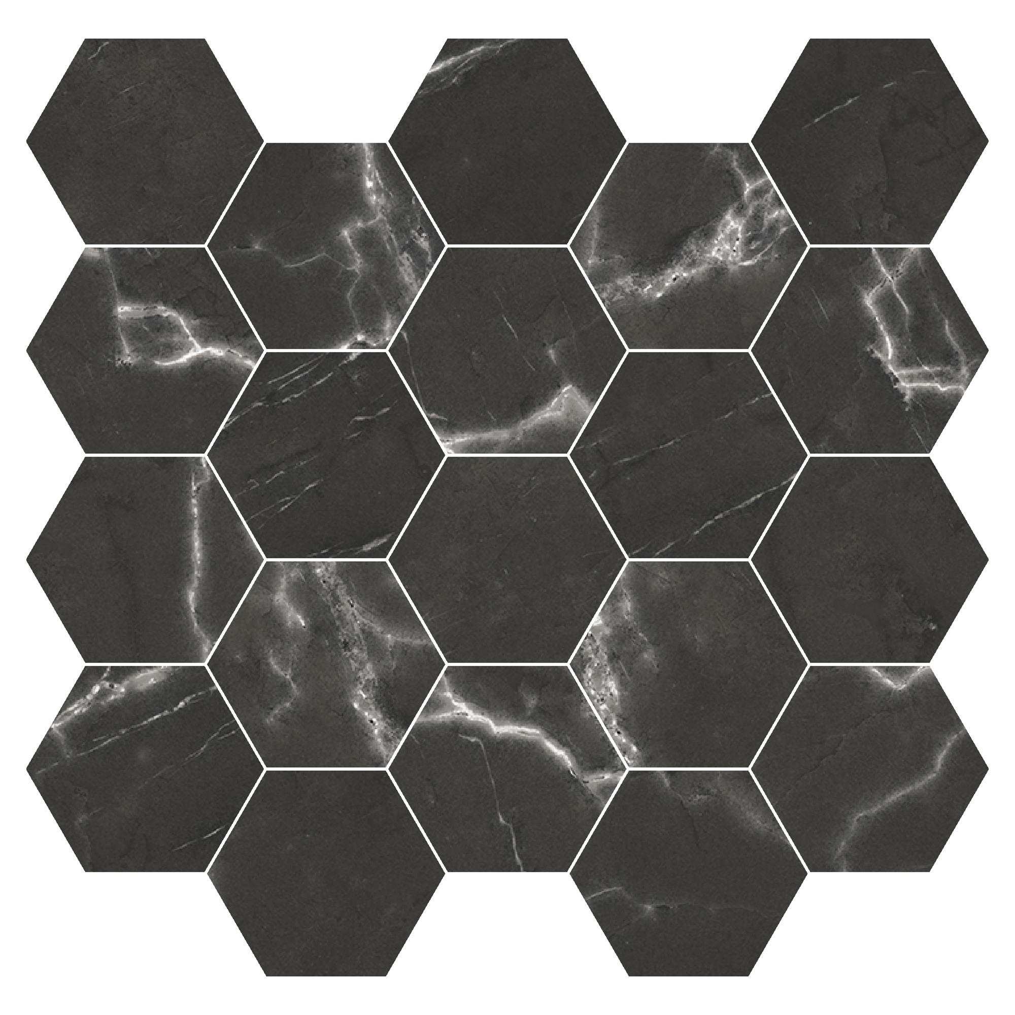 Marmor Hexagon Mosaik Klinker Venata Svart Matt-Satin 30x30 cm