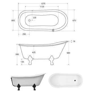 Badkar <strong>Royal Elegance</strong>  Grafit Blank 160 cm med Vit Lejonfötter & Badavlopp