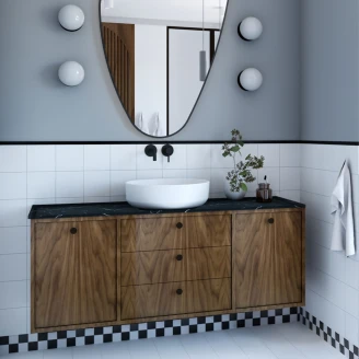 Tvättställsskåp <strong>Vinyl</strong>  Valnöt 140 cm med Bänkskiva Marmor Svart & Handtagen Svart