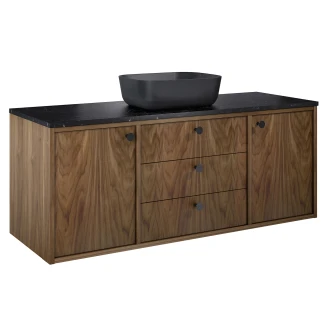 Tvättställsskåp <strong>Vinyl</strong>  Valnöt 140 cm med Bänkskiva Marmor Svart & Handtagen Svart