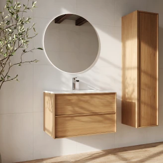 Tvättställsskåp <strong>Ekskär</strong>  Ek Matt 80 cm med Handfat Vit Blank