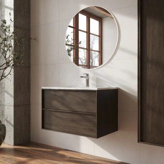 Tvättställsskåp <strong>Ekskär</strong>  Valnöt Matt 80 cm med Handfat Vit Blank