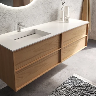 Dubbelt Tvättställsskåp <strong>Ekskär</strong>  Ek Matt 120 cm med Corian Handfat Vänster med Lådindelning & LED