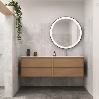 Dubbelt Tvättställsskåp <strong>Ekskär</strong>  Ek Matt 120 cm med Corian Handfat Höger med Lådindelning & LED