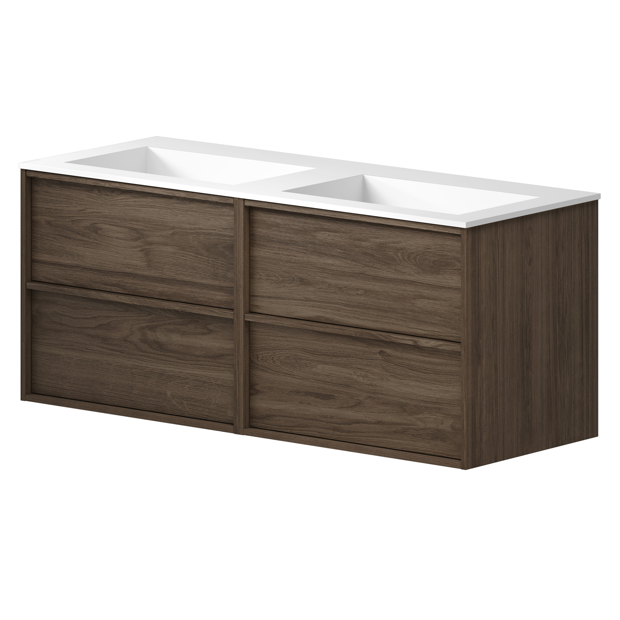 Dubbelt Tvättställsskåp Ekskär Valnöt Matt 120 cm med Corian Dubbelt Handfat Vit Matt