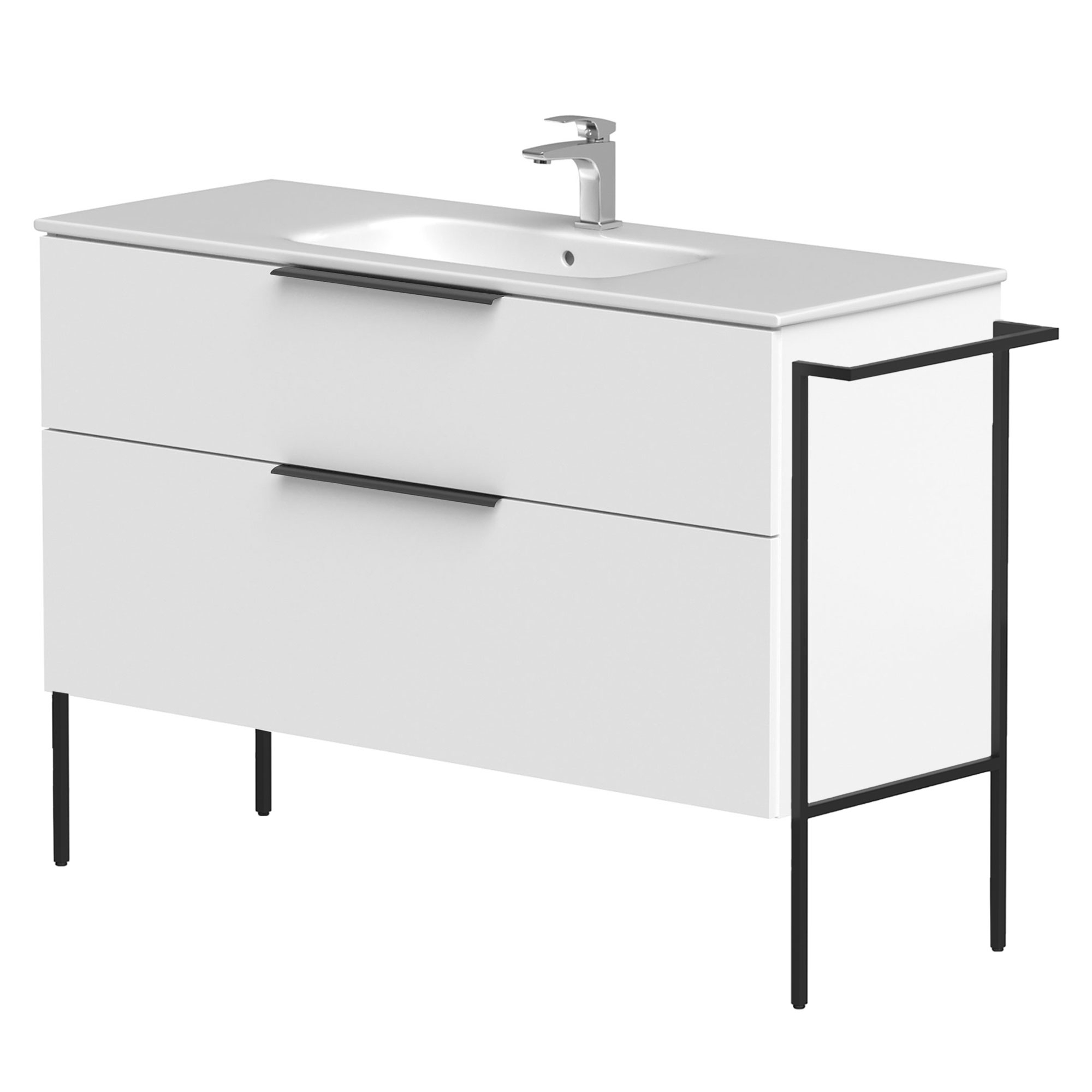 Tvättställsskåp Velira Vit Matt 120 cm med Handfat Vit, Handtagen Svart & Ben