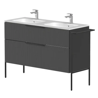 Dubbelt Tvättställsskåp <strong>Velira</strong>  Grafit Räfflad Matt 120 cm med Handfat Vit, Handtagen Svart & Ben