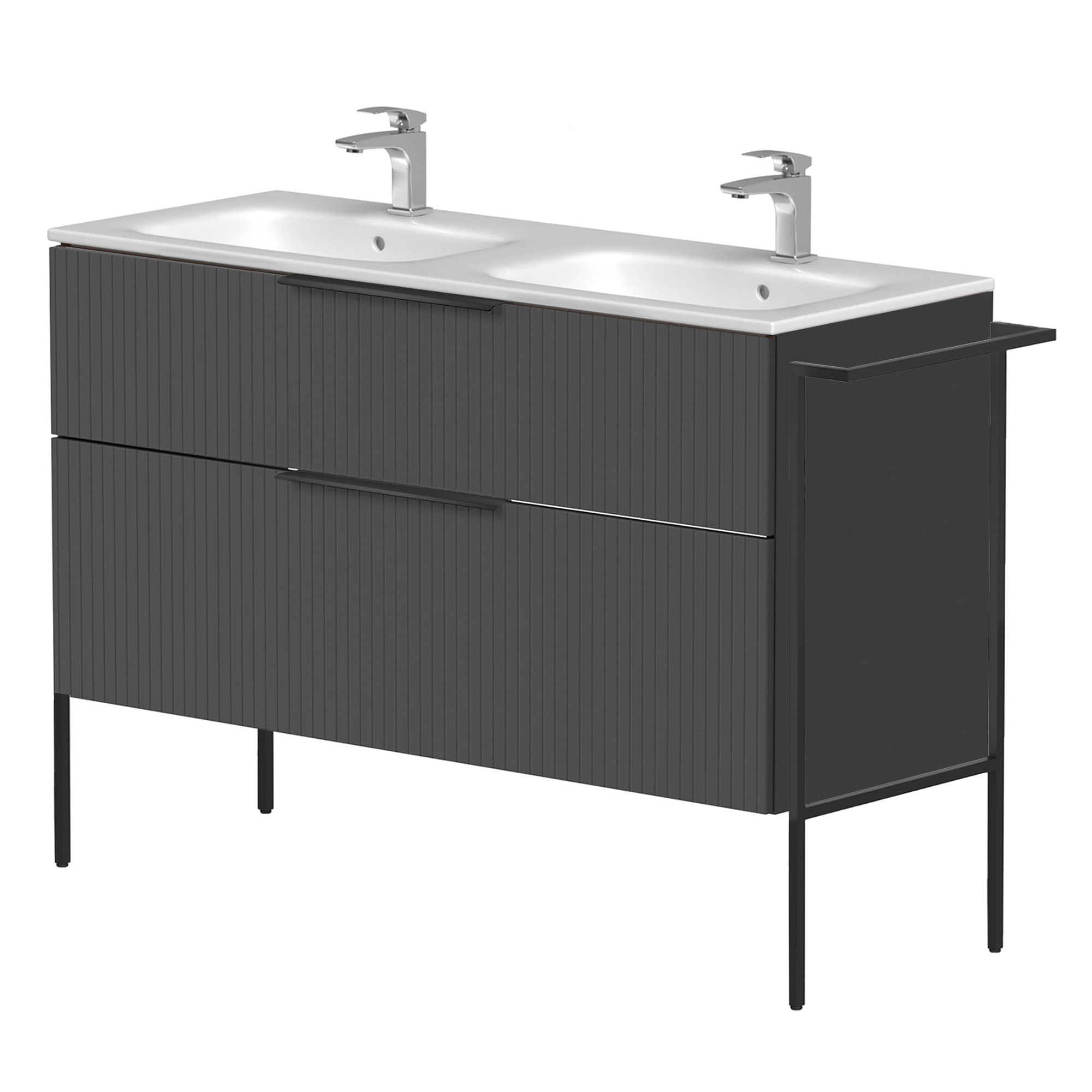 Dubbelt Tvättställsskåp Velira Grafit Räfflad Matt 120 cm med Handfat Vit, Handtagen Svart & Ben