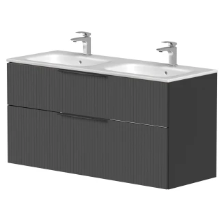 Dubbelt Tvättställsskåp <strong>Velira</strong>  Grafit Räfflad Matt 120 cm med Handfat Vit, Handtagen Svart & Ben