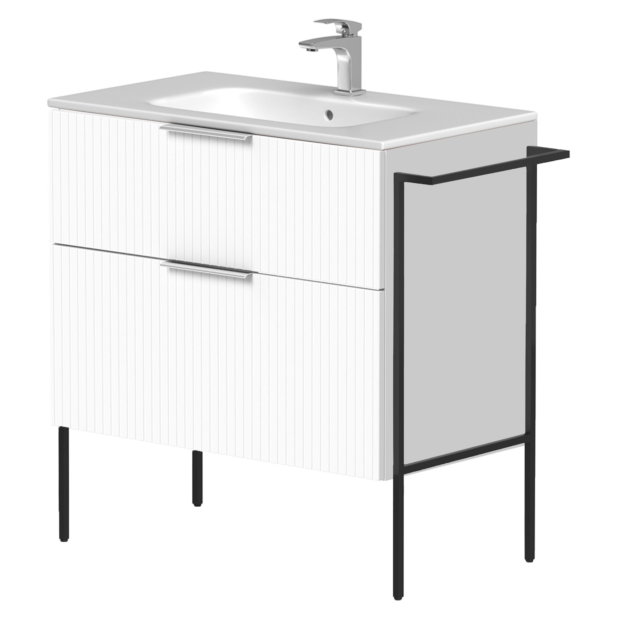 Tvättställsskåp Velira Vit Räfflad Matt 80 cm med Handfat Vit, Handtagen Krom & Ben