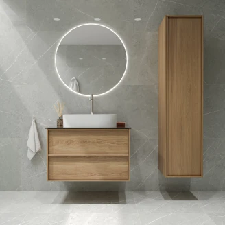 <strong>Badrumspaket Ekskär</strong>  Ek 80 cm med Cosentino Brun Bänkskiva, Högskåp, Spegel, Handfat, Tvättställsblandare & Bottenventil