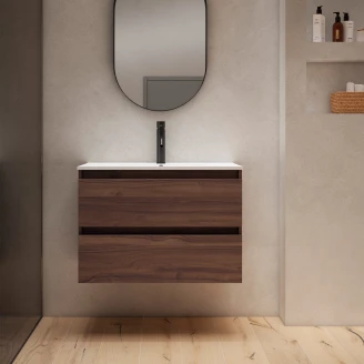 Tvättställsskåp <strong>Blisse</strong>  Walnut Matt 70 cm med Två Lådor & Handfat Vit Blank