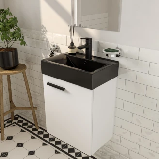 Badrumspaket Petit Vit Matt 45 cm med Handfat Svart Matt, Tvättställsblandare & Spegel