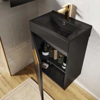 Badrumspaket <strong>Petit</strong>  Svart Matt 45 cm med Handfat Svart Matt, Tvättställsblandare & Spegel