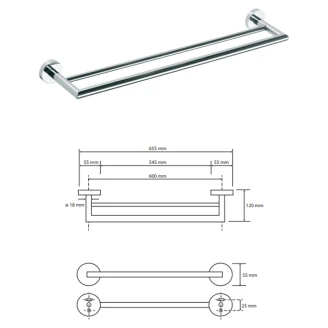 Dubbel Handdukshängare <strong>Holmstrand</strong>  Krom Blank 60 cm