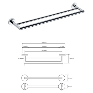 Dobbel Håndkleholder <strong>Holmstrand</strong>  Krom Blank 80 cm