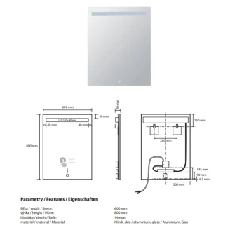 Spegel med LED-belysning <strong>Ironelle</strong>  60x80 cm med Beröringssensor