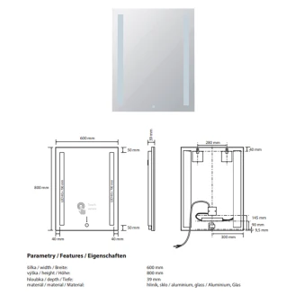 Spegel med LED-sidobelysning <strong>Ironelle</strong>  60x80 cm med Beröringssensor