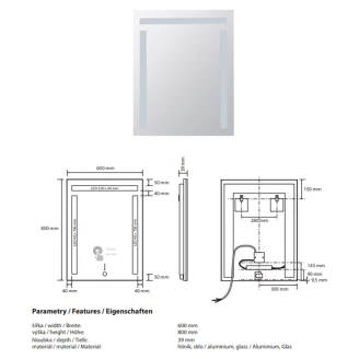 Spegel med LED-belysning <strong>Ironelle</strong>  60x80 cm med Beröringssensor