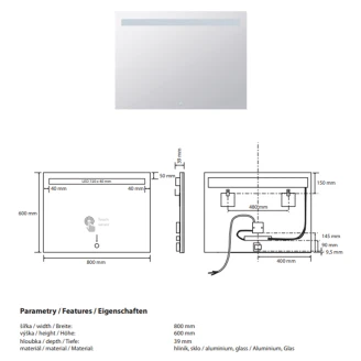 Spegel med LED-belysning <strong>Ironelle</strong>  80x60 cm med Beröringssensor