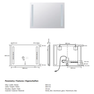 Spegel med LED-sidobelysning <strong>Ironelle</strong>  80x60 cm med Beröringssensor