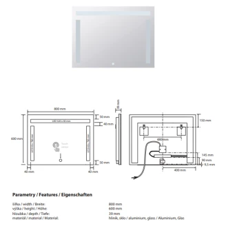 Spegel med LED-belysning <strong>Ironelle</strong>  80x60 cm med Beröringssensor