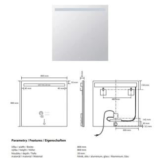 Spegel med LED-belysning <strong>Ironelle</strong>  80x80 cm med Beröringssensor