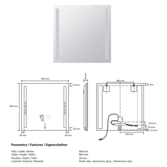 Spegel med LED-belysning <strong>Ironelle</strong>  80x80 cm med Beröringssensor