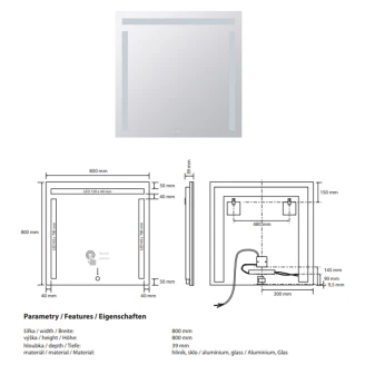 Spegel med LED-belysning <strong>Ironelle</strong>  80x80 cm med Beröringssensor