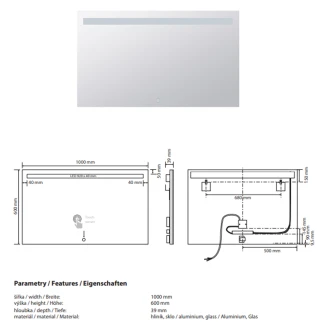 Spegel med LED-belysning <strong>Ironelle</strong>  100x60 cm med Beröringssensor