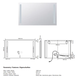 Spegel med LED-belysning <strong>Ironelle</strong>  100x60 cm med Beröringssensor