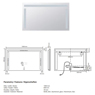 Spegel med LED-belysning <strong>Ironelle</strong>  100x60 cm med Beröringssensor