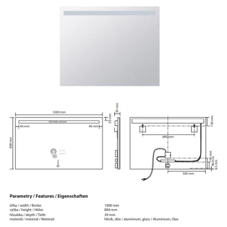 Spegel med LED-belysning <strong>Ironelle</strong>  100x80 cm med Beröringssensor