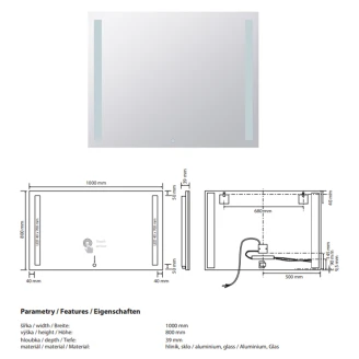 Spegel med LED-belysning <strong>Ironelle</strong>  100x80 cm med Beröringssensor