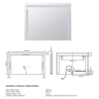 Spegel med LED-belysning <strong>Ironelle</strong>  100x80 cm med Beröringssensor