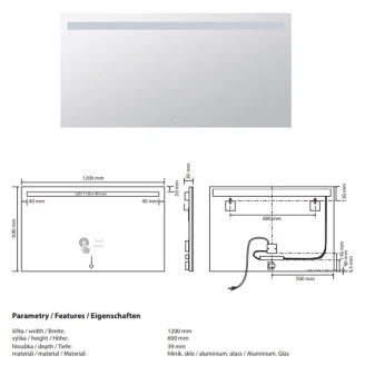 Spegel med LED-belysning <strong>Ironelle</strong>  120x60 cm med Beröringssensor