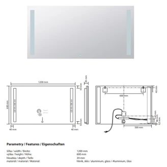 Spegel med LED-belysning <strong>Ironelle</strong>  120x60 cm med Beröringssensor