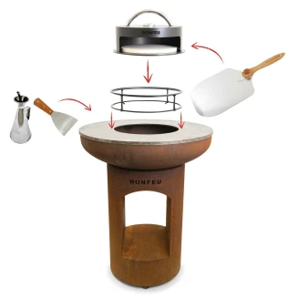 BonFeu Set med BonBiza Eldstad Öppen Cortenstål, Subbel Stålring för Gril, Pizzaugn, Olja Burk, Stekspade & Stekspade för Pizza