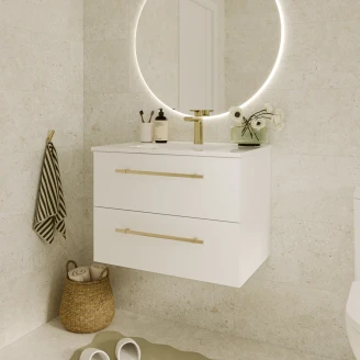 Tvättställsskåp <strong>Elara</strong>  Vit Matt 70 cm med 2 Lådor & Handtagen Guld, Handfat