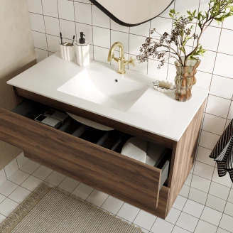Tvättställsskåp <strong>Blisse</strong>  Walnut Matt 100 cm med Två Lådor & Handfat Vit Blank