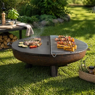 BonFeu Set med BonBowl Plus Eldskål Cortenstål 80 cm, Grillgaller Halvrund & Plancha Halvrund