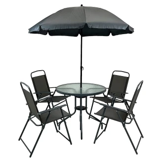 Caféset Utomhus med Bord Ø 80 cm, 4 Stolar & Trädgårdsparasoll <strong>Brasa</strong>  Svart