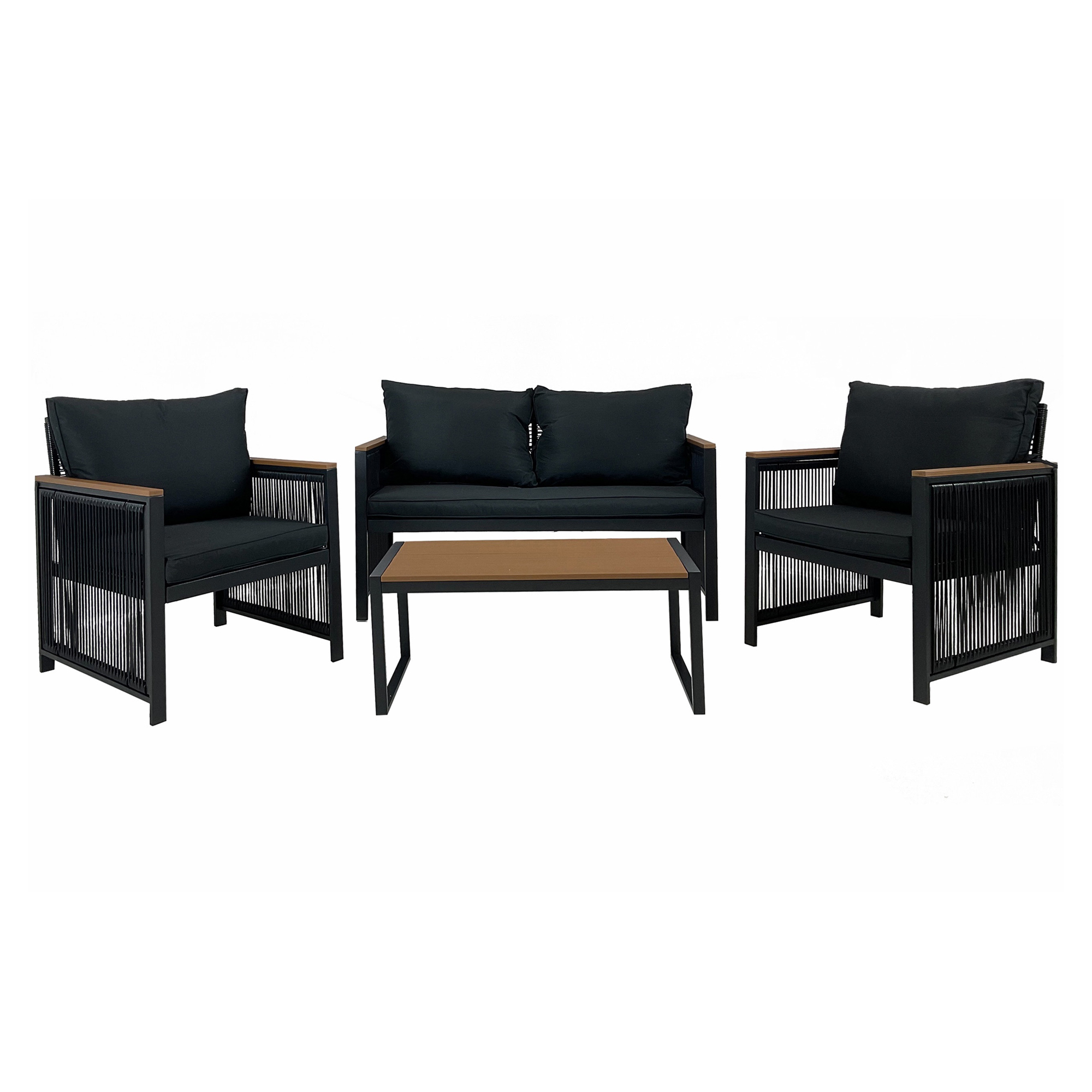 Hagesett med Bord 80 cm, 2-Seters Sofa & 2 Lenestoler Orvik Svart