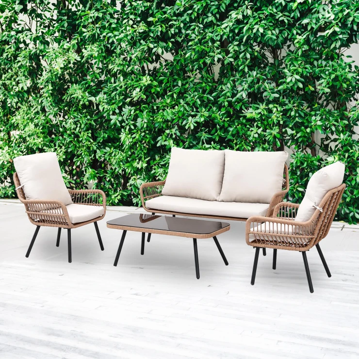 Hagesett med Sofabord 90 cm, 2-Seters Sofa, 2 Lenestoler & Puter Norven Rosa