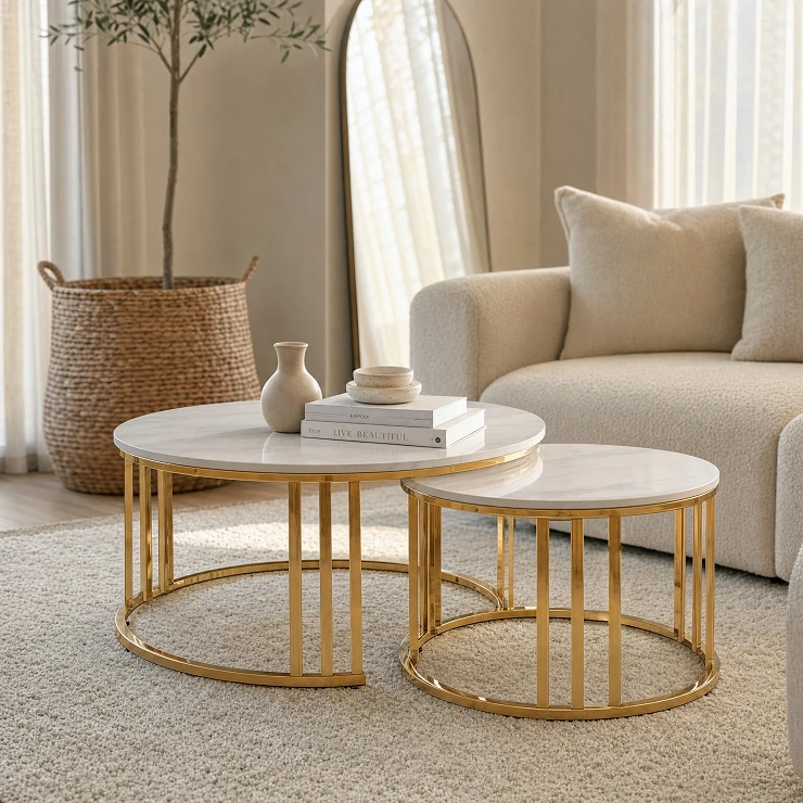 Set med Soffbord Relon Ø80 & Ø60 cm Vit Marmor, Guld